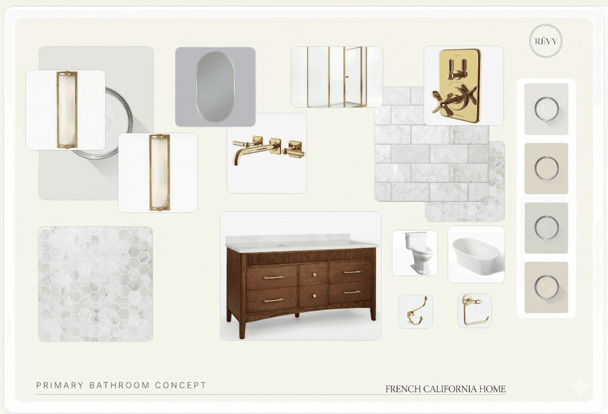 Revy moodboard showing materials, finishes, and fixtures for a primary bathroom