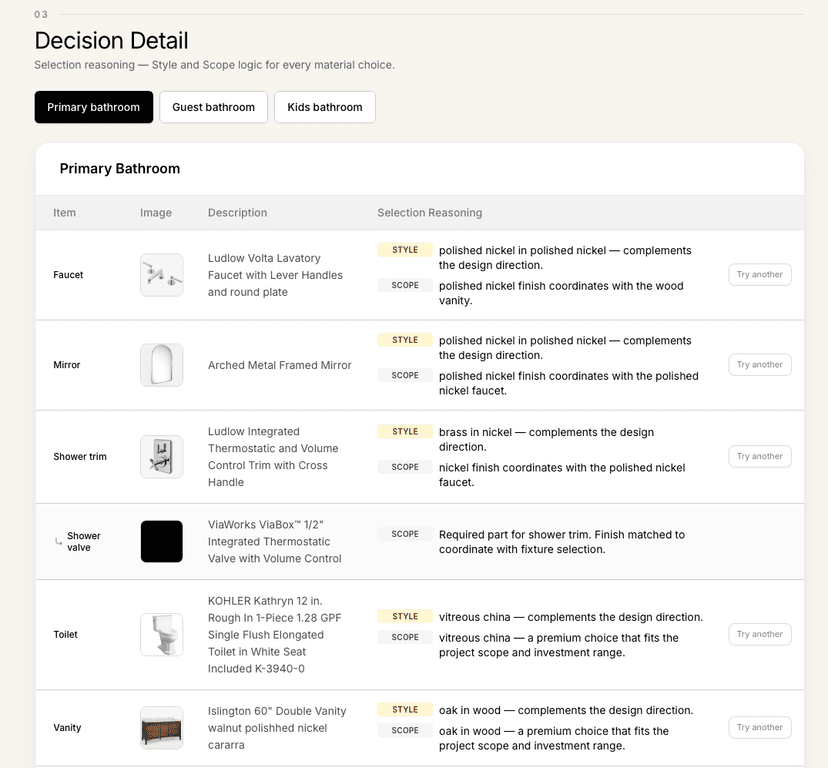 Revy decision details showing product selections with style and scope reasoning