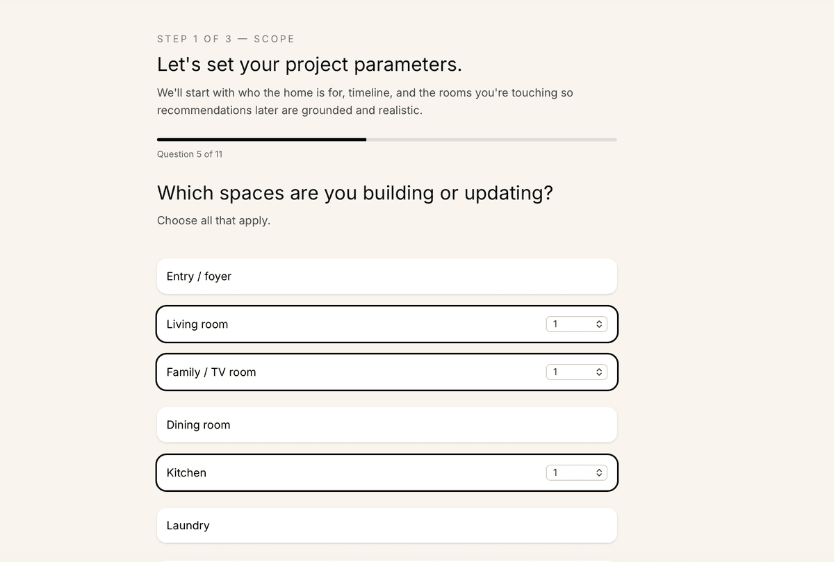 Revy scope quiz showing room selection